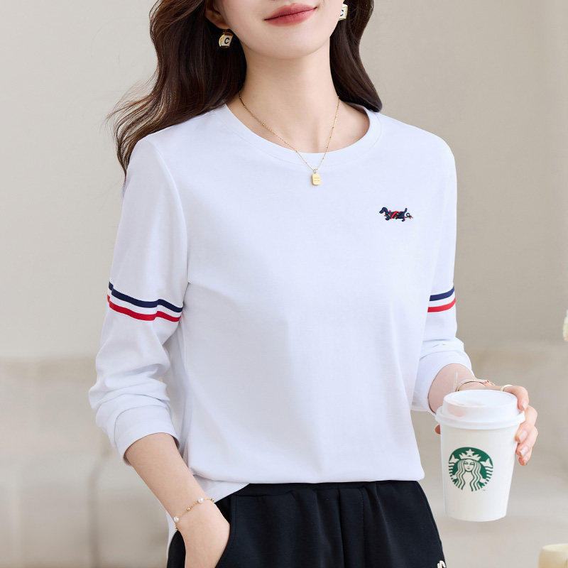 白色长袖T恤女2025新款春秋洋派女装修身正肩上衣时尚内搭打底衫