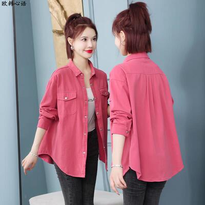 玫红色牛仔衬衫女2024春秋