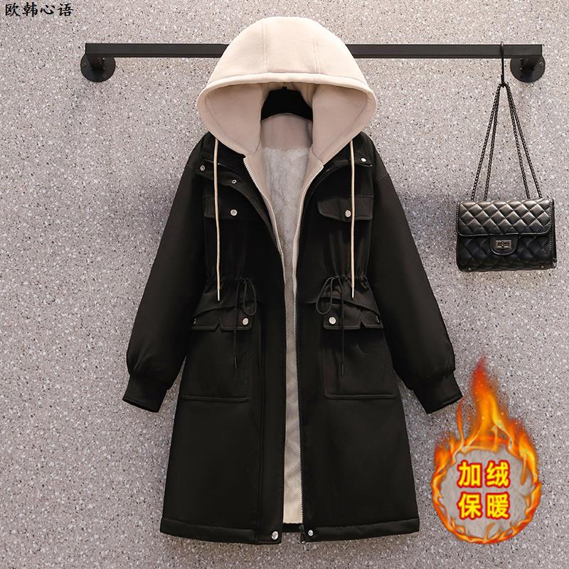 胖mm大码女装棉衣外套连帽中长款棉服宽松收腰加绒羊羔毛派克服女