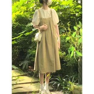 少女学院风森系连衣裙2025夏装新款初中高中学生泡泡袖洋气背带裙