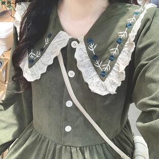 2024年冬季法式初恋灯芯绒刺绣连衣裙娃娃领气质甜美仙女温柔长裙