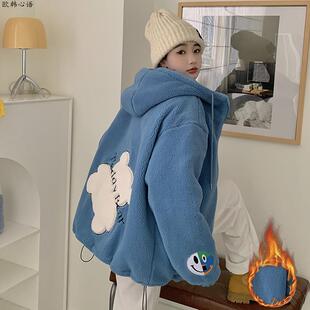 加绒加厚羊羔毛外套女开衫2023新款冬季学生设计感小众百搭棉服