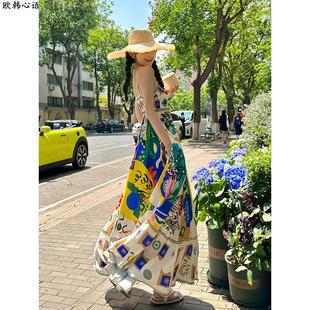 小众设计感涂鸦印花民族风收腰海边度假长裙 女夏季 泰式 吊带洋装