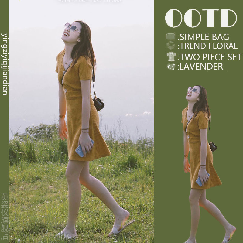 chic法式茶歇初恋复古设计小众裙子减龄黄色短袖小香风连衣裙女夏