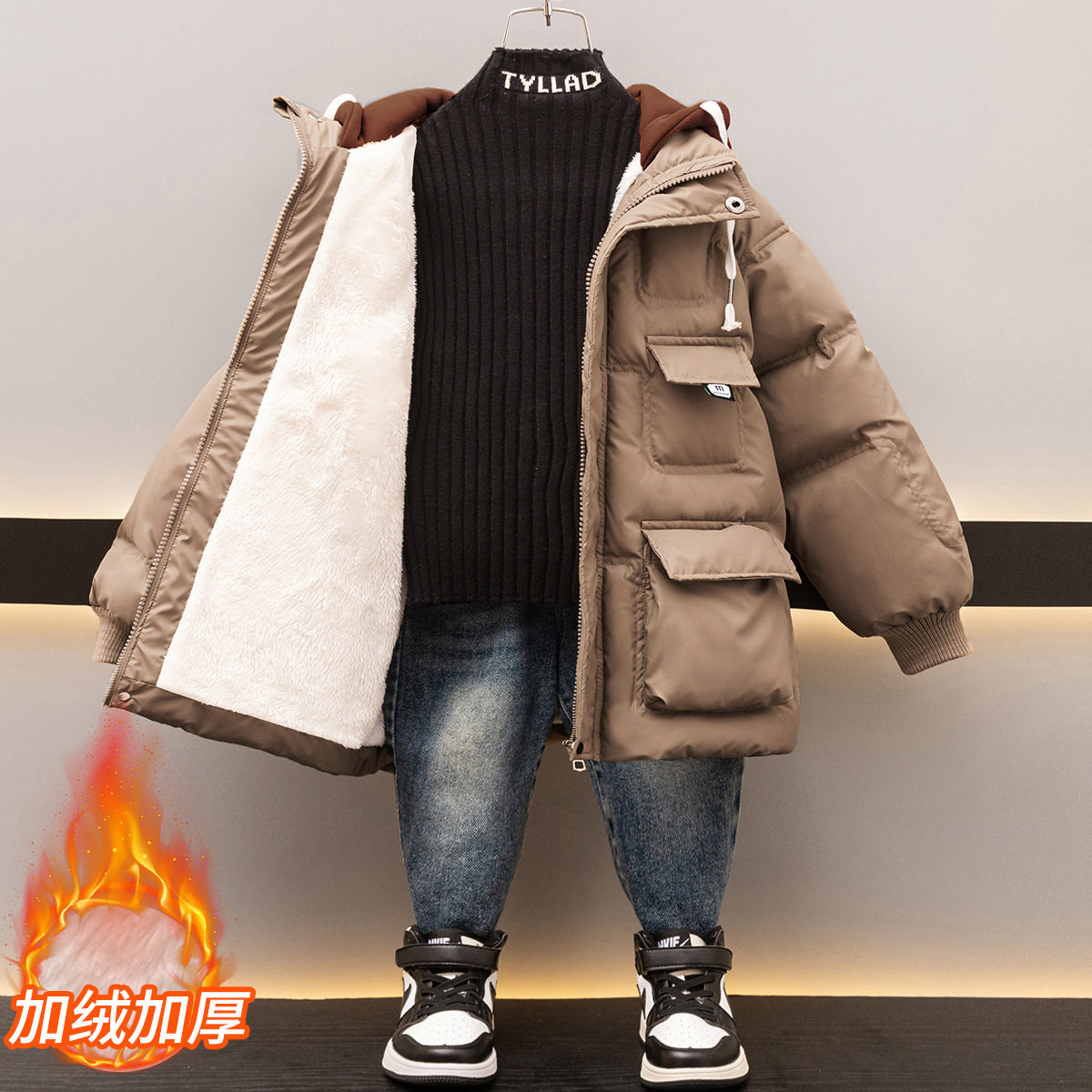 品牌折扣店outlet专柜冬装新款男童韩版洋气加厚中长款羽绒棉服