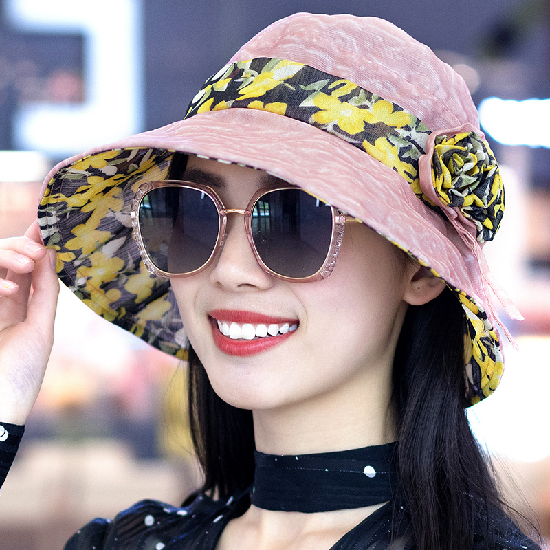 帽子女士夏天韩版百搭遮阳帽女防晒休闲花朵出游中年妈妈帽太阳帽