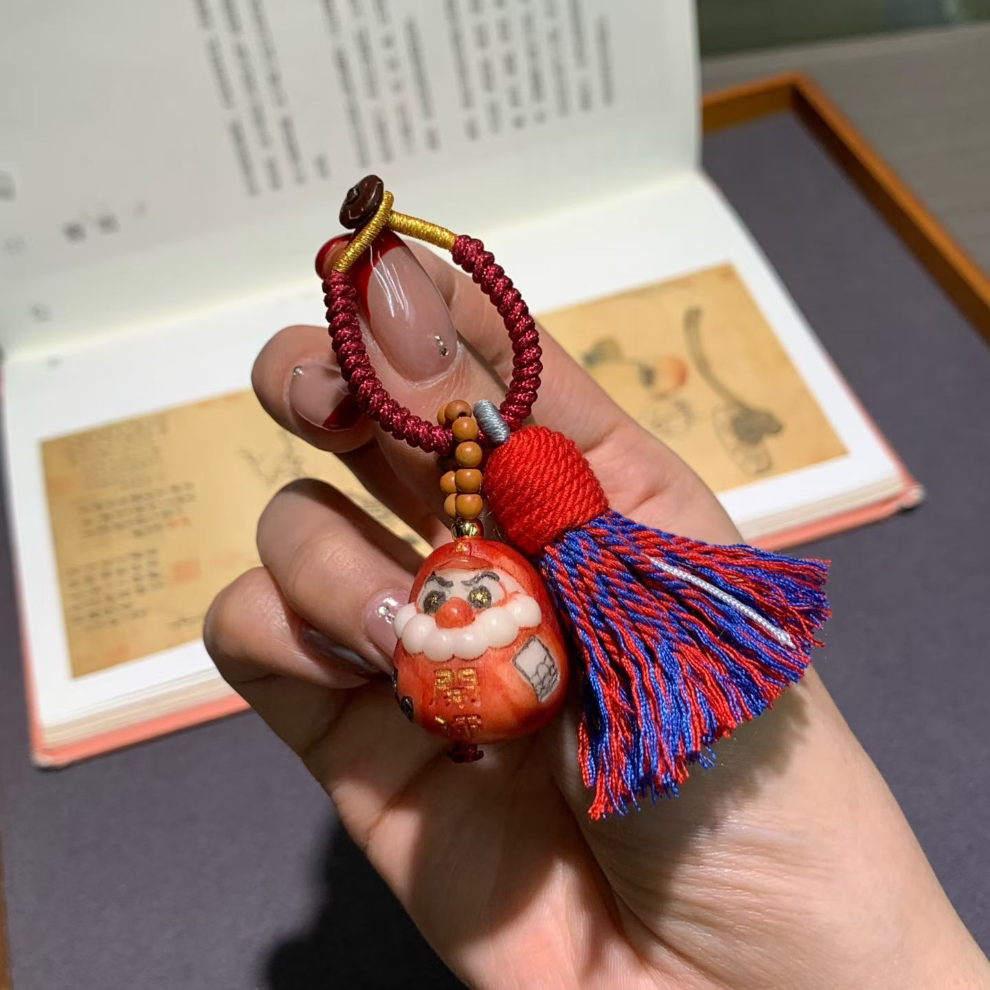 新品天然象牙果彩绘达摩钥匙扣手搓棉小流苏小众国风包包挂吊饰