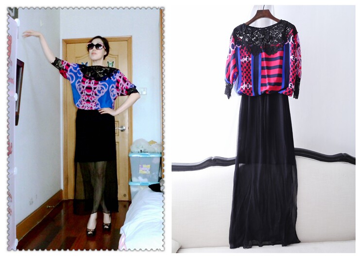 【特价】外贸原单大牌样衣 蕾丝拼接艳丽几何图案高端真丝连衣裙