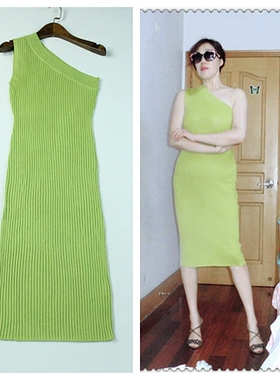 【特价】外贸原单 欧美大牌 果绿色弹力修身显白斜肩针织连衣裙