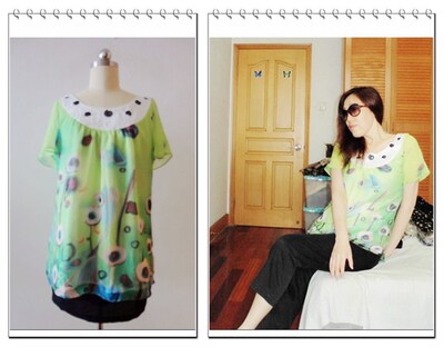 【特价】外贸原单 孤品 欧美大牌 清爽绿色涂鸦花朵真丝衬衫