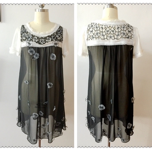 【特价】外贸原单 大牌样衣 精美钉珠贴花镂空刺绣桑蚕丝连衣裙