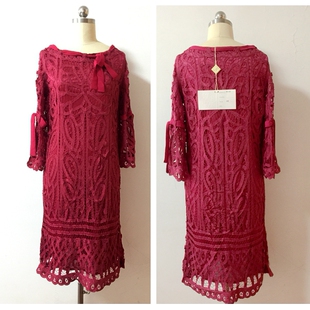 【清仓特价】外贸原单法国大牌优雅复古酒红色丝质钩花镂空连衣裙
