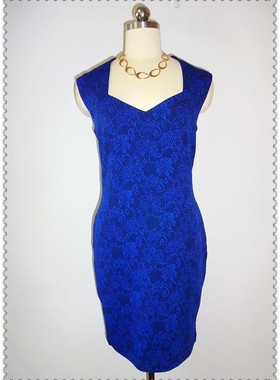 【特价】外贸原单大牌F21  优雅宝蓝色蕾丝暗纹印花修身连衣裙