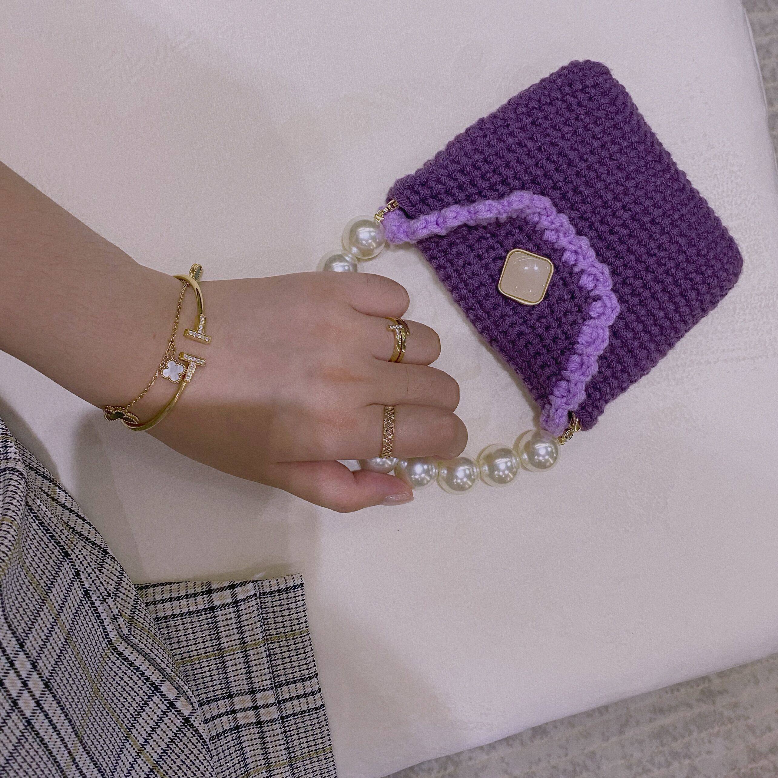 【蛋糕是我吃的手作铺】紫色珍珠手拿复古小包毛线钩针编织包