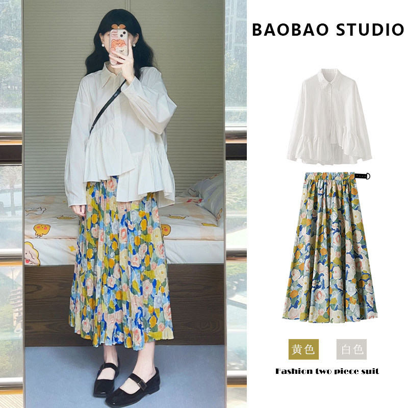 孕妇春装两件套外穿气质时尚减龄娃娃领不规则衬衫油画半身裙套装