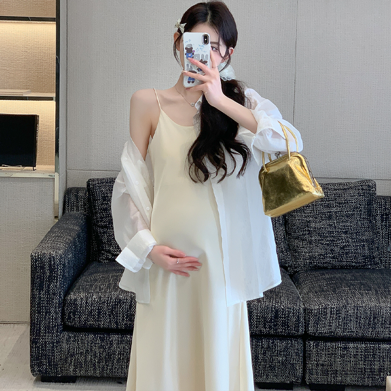 孕妇连衣裙夏季流光缎面裙中长款吊带裙醋酸裙+蝴蝶结防晒衫上衣