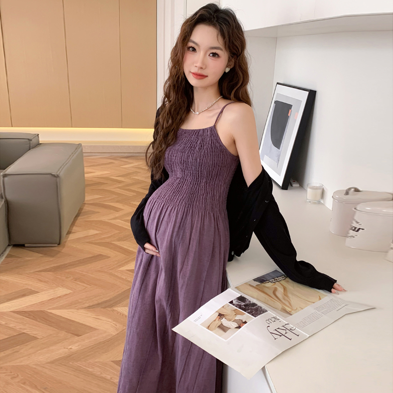 孕妇连衣裙夏装新款简约紫色吊带连衣裙子+黑色开衫休闲两件套装