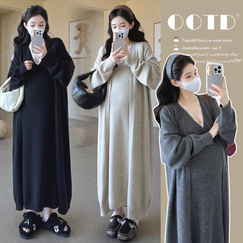 孕妇装春秋季中长款外套宽松慵懒针织开衫弹力背心连衣裙套装秋冬
