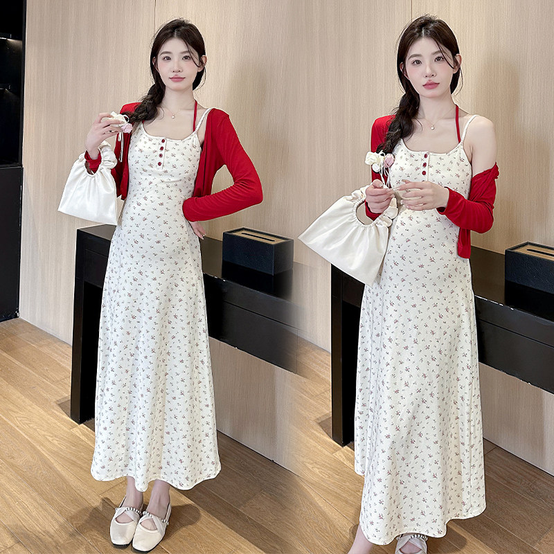 MATERNITY CLOTHES SUMMER NEW FASHION VERSATILE HIGH-ELASTIC STRAPPY FLORAL SUNDRESS + RED SUNSCREEN CARDIGAN TWO-PIECE SET