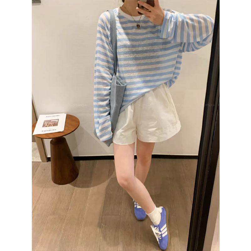韩系孕妇套装慵懒风防晒蓝白条纹罩衫上衣夏季宽松薄款短裤两件套