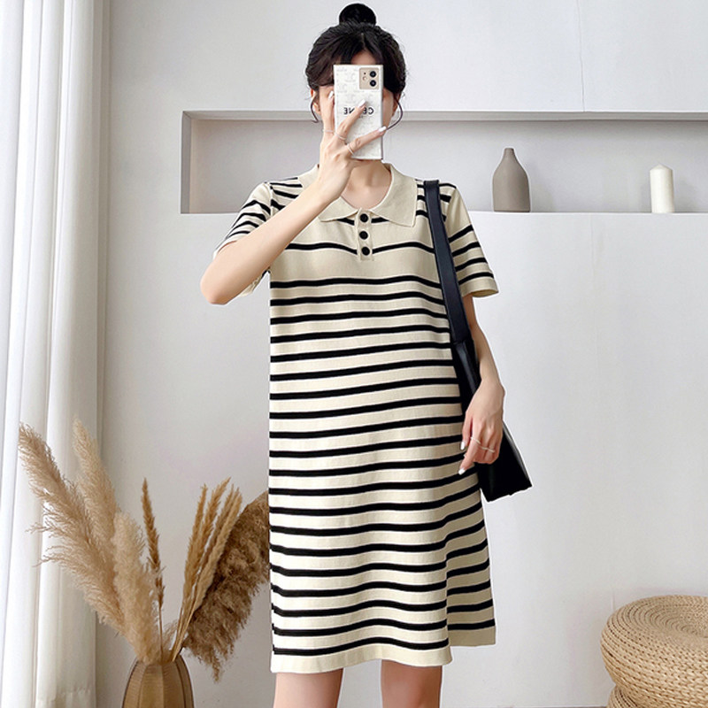 孕妇装春秋款连衣裙夏装新款外穿高级感针织条纹短袖中长款裙子女