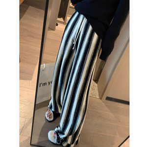 孕妇裤秋冬季外穿复古针织条纹渐变宽松高腰阔腿裤毛线垂感休闲裤