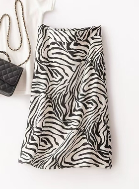 过而歌2025新款小众千禧辣妹复古风斑马纹印花桑蚕丝A字半身裙女