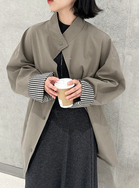 过而歌气氛图书馆 双面可穿黑白格慵懒风风衣外套女中长款秋1228