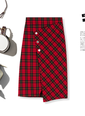 半身裙女2025春秋新款红色复古格纹不规则半身裙女中长款A字裙女