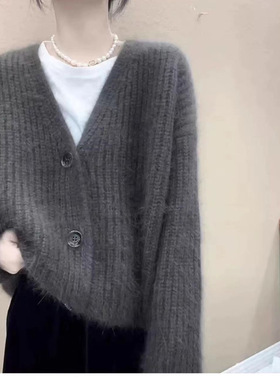 过而歌高级感~100%纯羊毛开衫女V领宽松加厚中长款针织毛衣外套