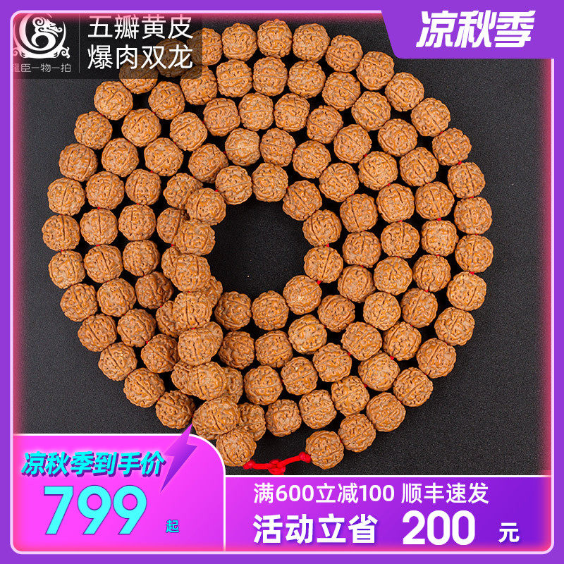 爆肉双龙盘龙纹5五瓣小金刚菩提子佛珠男文玩黄皮满肉LC