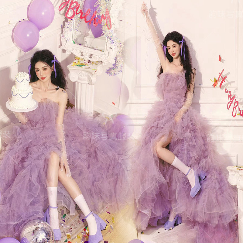 影楼新款香芋紫色婚纱韩系甜美风少女氛围感生日主题艺术照写真服