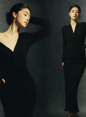 影楼新款韩式杂志高级时装黑色连衣裙情绪肖像简约写真拍摄服装