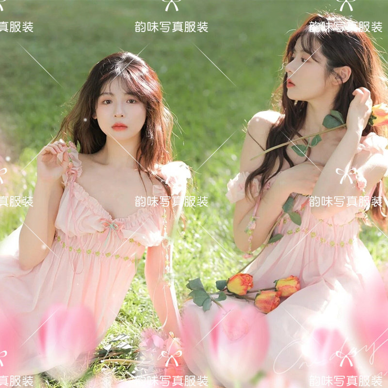 写真服装女新款超仙粉色唯美连衣裙外景拍照影楼个人艺术照摄影服