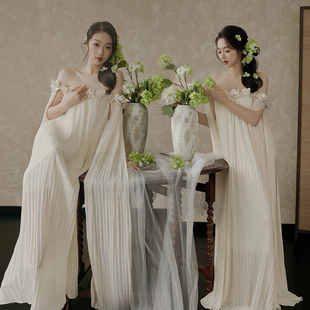 25影楼新款 花朵连衣裙仙女拖地长裙晨袍写真礼服 超仙一字立体法式