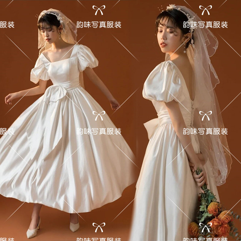 复古婚纱港风白色礼服连衣裙法式a字裙个人拍照影楼主题摄影服装