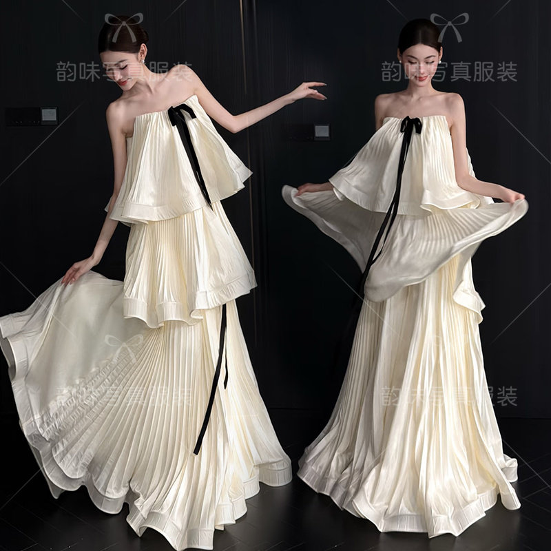 影楼新款礼服新娘高级百褶抹胸白色晨袍摄影写真订婚连衣裙婚纱服