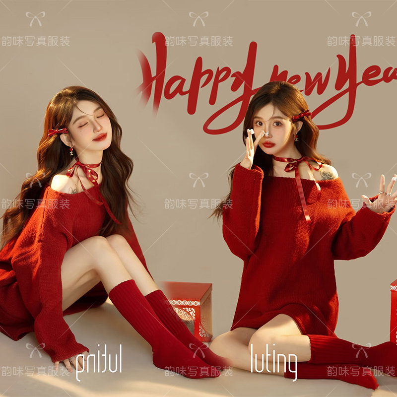 新款影楼秋冬新年圣诞主题拍照氛围感写真红色毛衣艺术照摄影服装