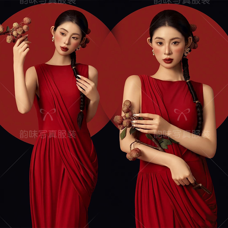 26中式复古影楼晨袍新娘敬酒订婚高级感小众红色气质中国长裙礼服