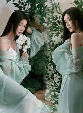 影楼新款拍照国风连衣裙绿色禅意古风改良中式汉服写真摄影服装