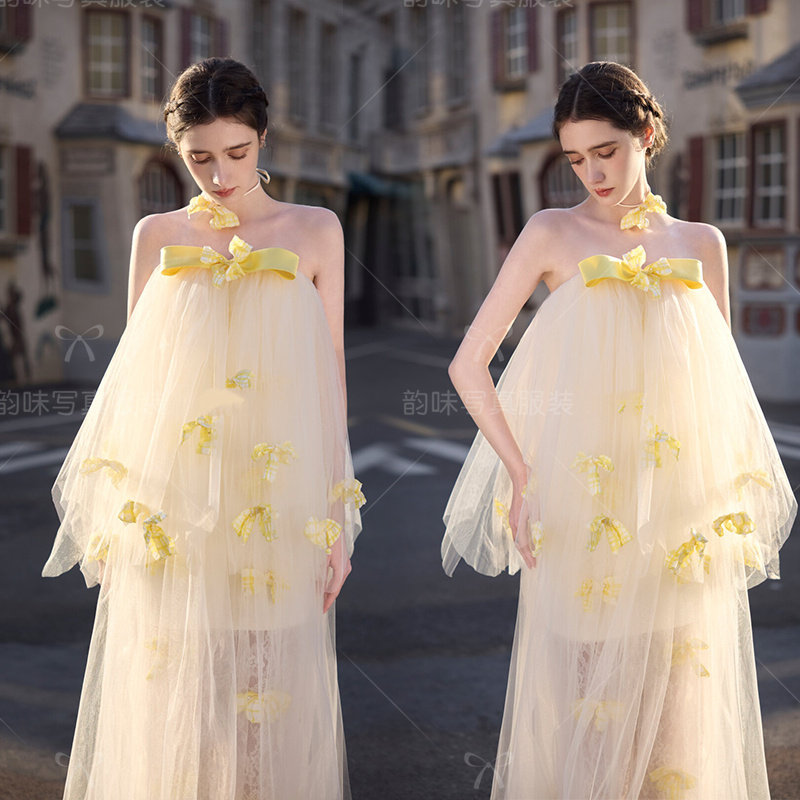 晨袍新娘写真梦幻甜美仙女高级蝴蝶结抹胸婚纱礼服高端敬酒连衣裙
