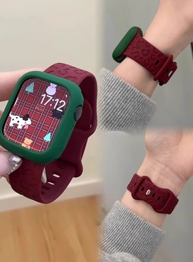 适用appleS9表带硅胶ultra可爱豹纹圣诞红花纹iwatch8新款s7/6/SE