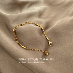 ZUORAN ins钛钢手链B04 极简高级金色立体小方块双层蛇骨百搭时尚