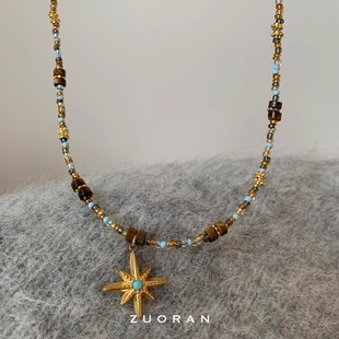 ZUORAN 欧美复古天然石八芒星串珠锁骨链女高级感时尚气质项链