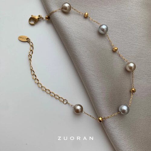 ZUORAN 高保色茶色珍珠灰珍珠法式优雅精致时尚气质百搭钛钢手链
