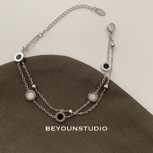 ZUORAN 清冷高级银色贝母圆珠双层手链钛钢不掉色时尚百搭手饰B38