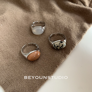 ZUORAN 法式复古椭圆天然石开口戒ins美拉德时尚个性潮流戒指R17