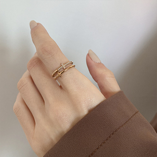 ZUORAN 韩风ins时尚小众双层玫瑰金镶钻十字设计感气质戒指RF139