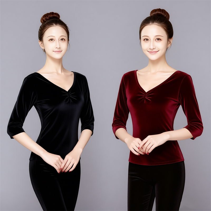 时尚秋冬新款V领现代舞蹈上衣金丝绒气质显廋长袖褶皱形体服成人