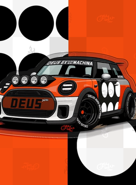 迷你MINIxDeus联名改装复古潮酷街头经典插画滴胶冰箱贴车迷原创